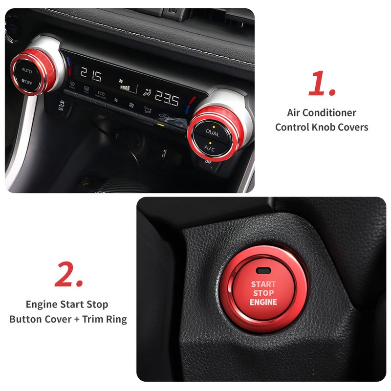 Polodunn for Toyota RAV4 Accessories 2025 2024 2023 2022 2021 2020 2019 -Air Conditioning Knob Covers, Push Start Button Cover Trim Rings 4pcs (Red) - Image 3